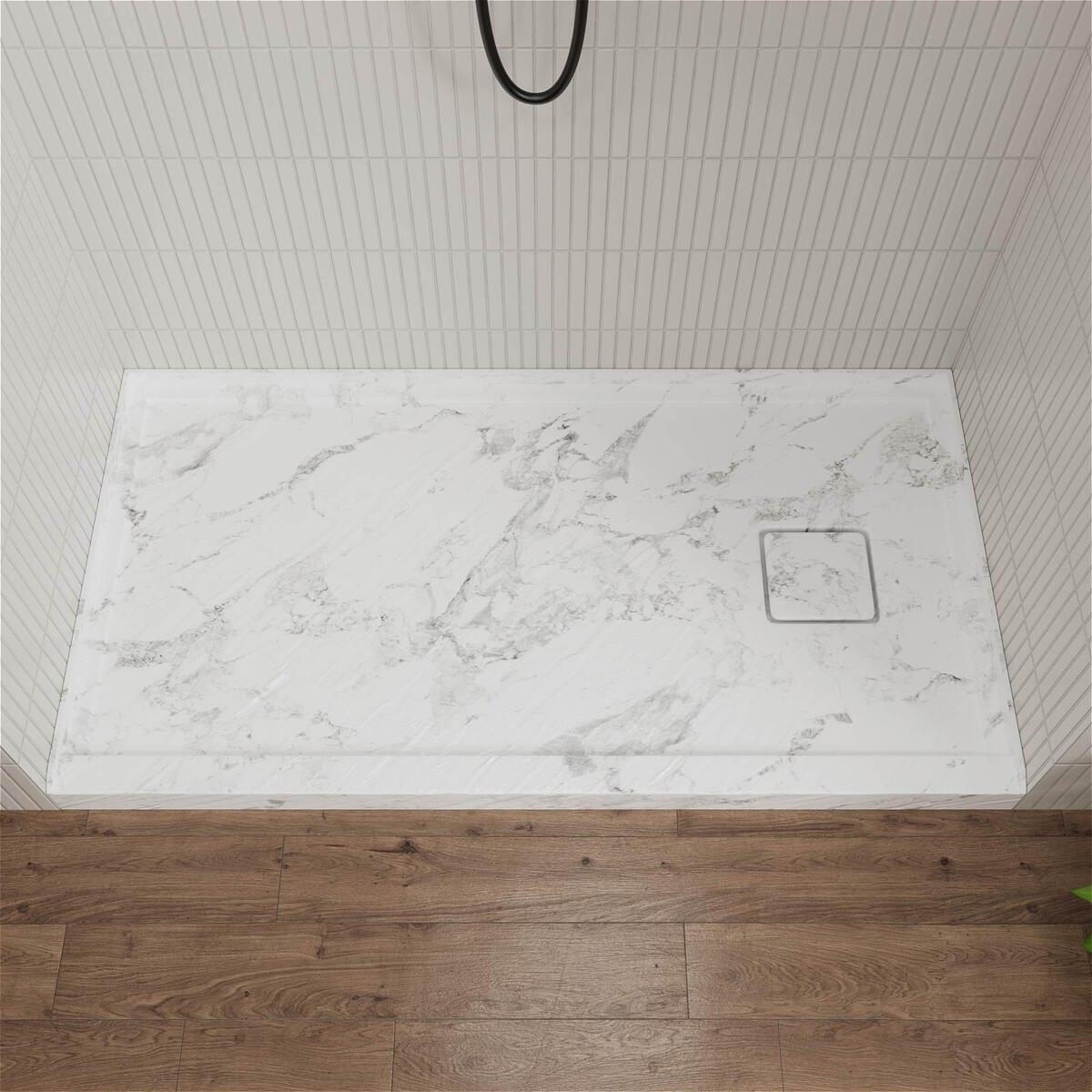Giving Tree 60" x 32" Acrylic & Arma Stone Shower Base, Single Threshold Shower Pan, Right Drain Slip-Resistant, White Mable with Rock Pattern
