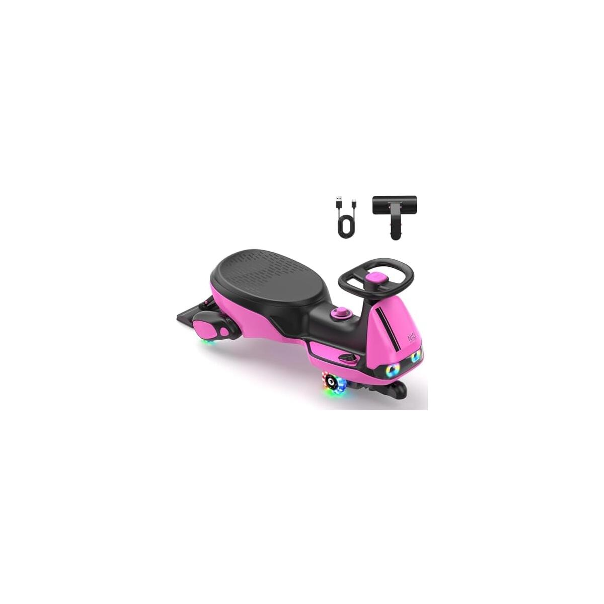 FanttikRide N10 Classic Electric Wiggle Car with Pedal, Type-C Rechargeable Battery, One-Click Detachable Mop, GlideWiz, Anti-Rollover, Flashing Wheels, Bluetooth, Ages 3+, 150 Lbs, Pink