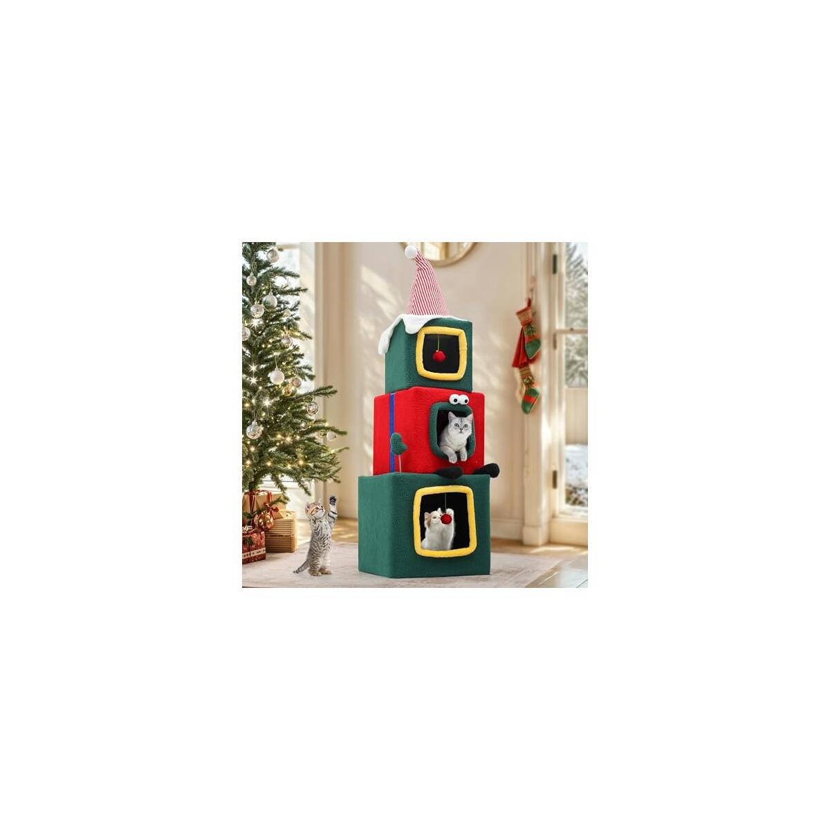 YITAHOME 60" Christmas-Themed Cat Tower with 3 Semi-Enclosed Cat Houses, Indoor Cat Tree with Cat Condos, Cute Cat Tree with Plush Ball, Christmas Tree Cat House
