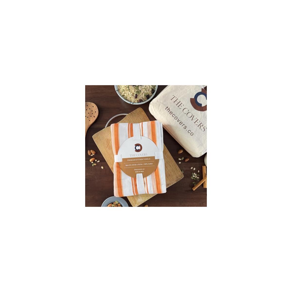 THE COVERS Premium 100% Cotton Kitchen Towels in Warm Apricot Spice Colors | Set of 6 Lavishly Large Towels (20.5&rdquo;x30.5&rdquo;) | Handy Hanging Loop for Drying | Arrives Gift-Ready, with a Signature Tote