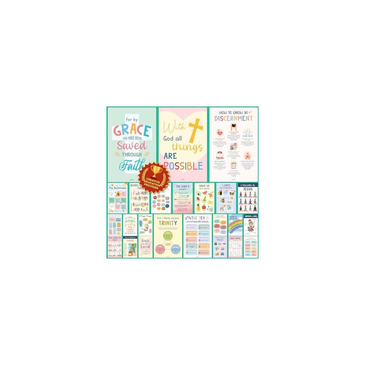 Sunday School Decorations For Classroom - 24 Book Of The Bible Posters For Kids, Ten Commandments Fruit Of The Spirit Wall Art, Bible Study Supplies For Christian Classroom Decor (11