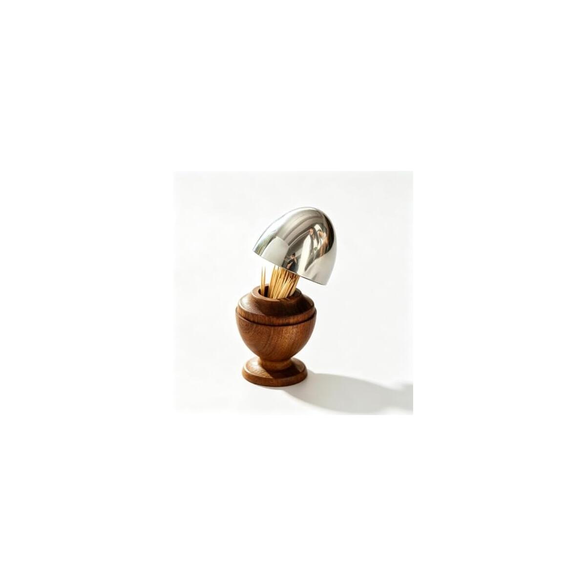 Egg-Shaped Toothpick Holder Wood and Stainless Steel