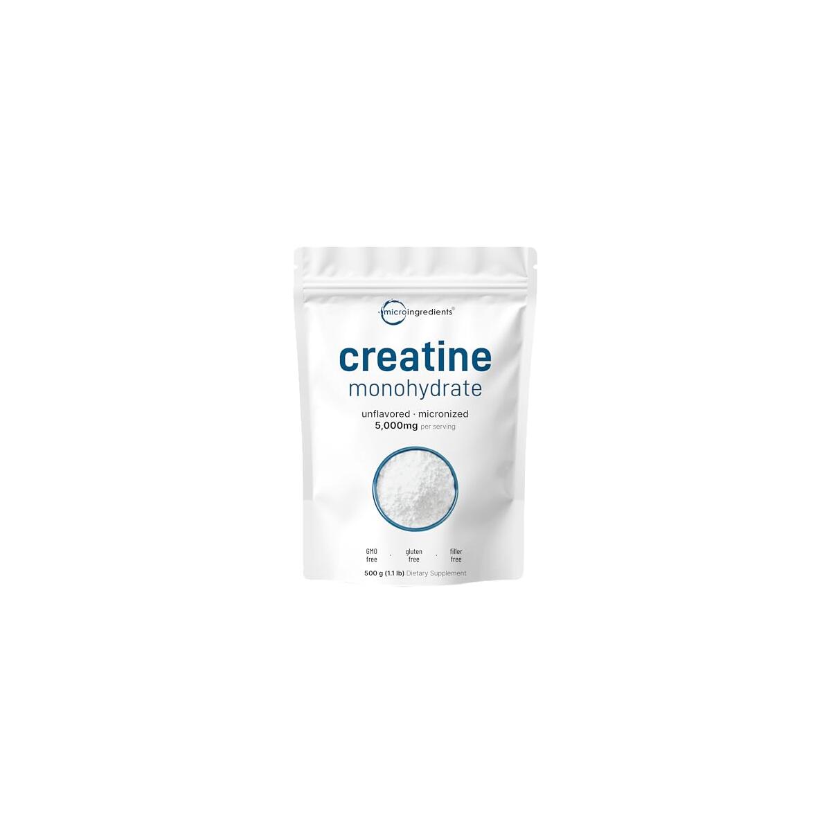 Instant Creatine Monohydrate Powder 500 Grams (1.1 Lb), 5000mg Per Serv, Micronized Creatine Powder, Unflavored, Pure, No Filler, Keto & Vegan, Easy Dissolve Pre Workout for Women and Men