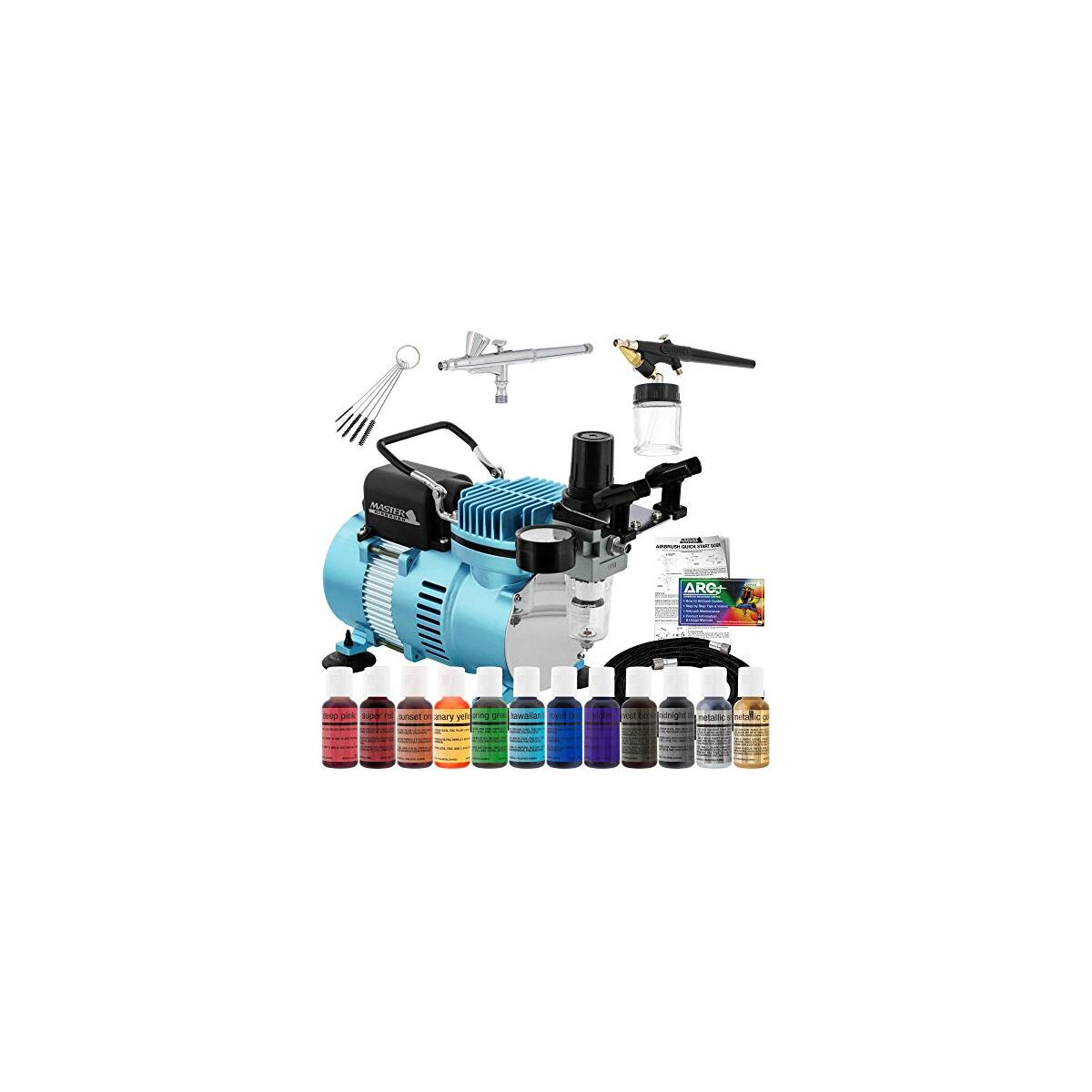 Master Airbrush Cool Runner II Airbrush Cake Decorating Kit with Dual Fan Air Compressor, 2 Airbrushes, 12 Color Chefmaster Food Coloring Set, Brushes & How-To Manual - Cake Airbrush Kit for Cupcakes