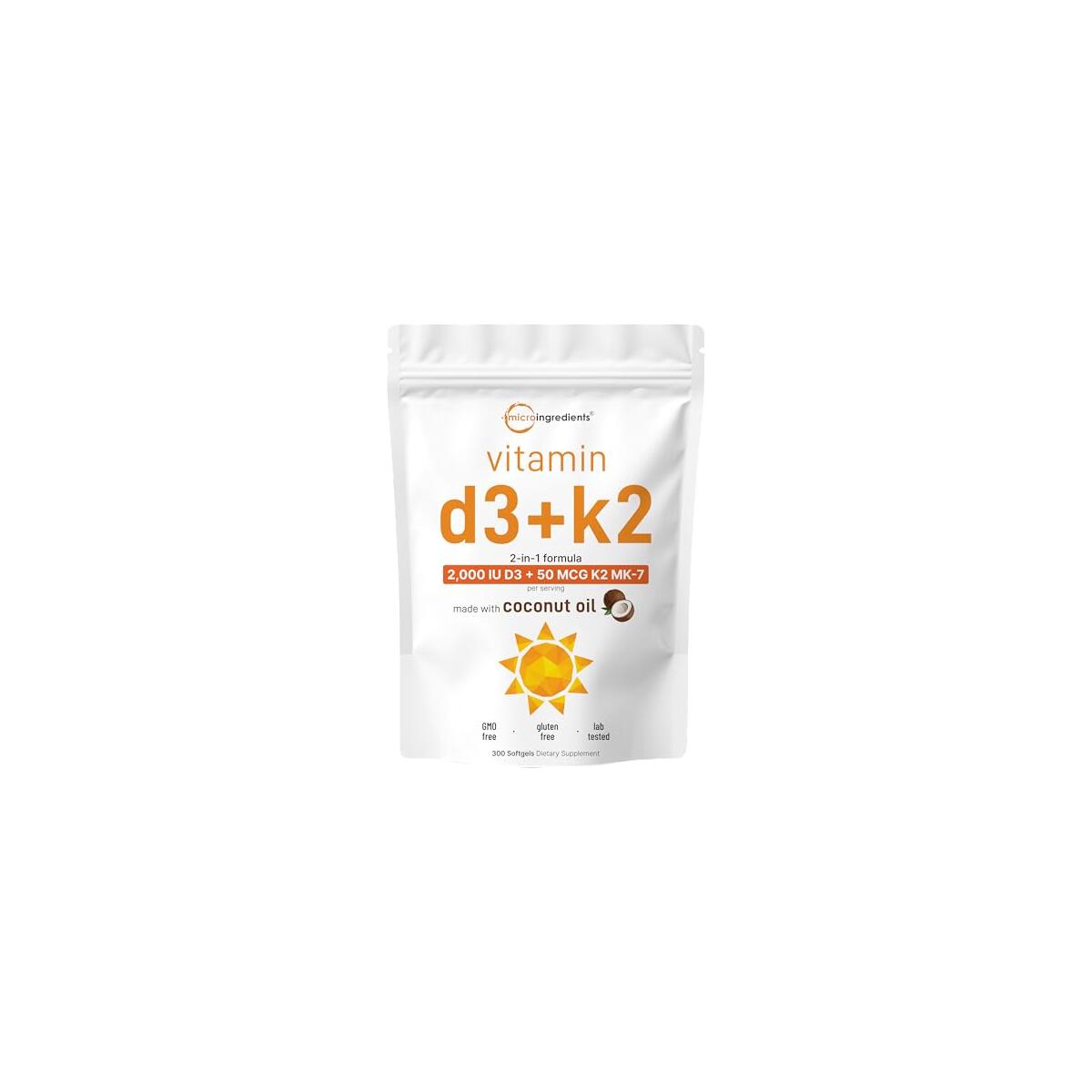 Micro Ingredients Vitamin D3 2,000 IU + K2 MK-7 50 mcg, 300 Softgels | Virgin Coconut Oil | 2-in-1 Bone, Immune & Heart Support | Easy to Swallow, Non-GMO