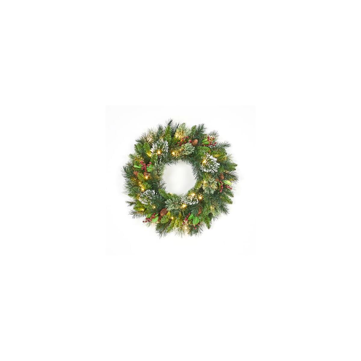 Garvee 24" Pre-Lit Christmas Wreath with Pine Cones Red Berries Ornament, Front Door Christmas Wreath, Winter Christmas Decoration for Window Door Indoor Outdoor
