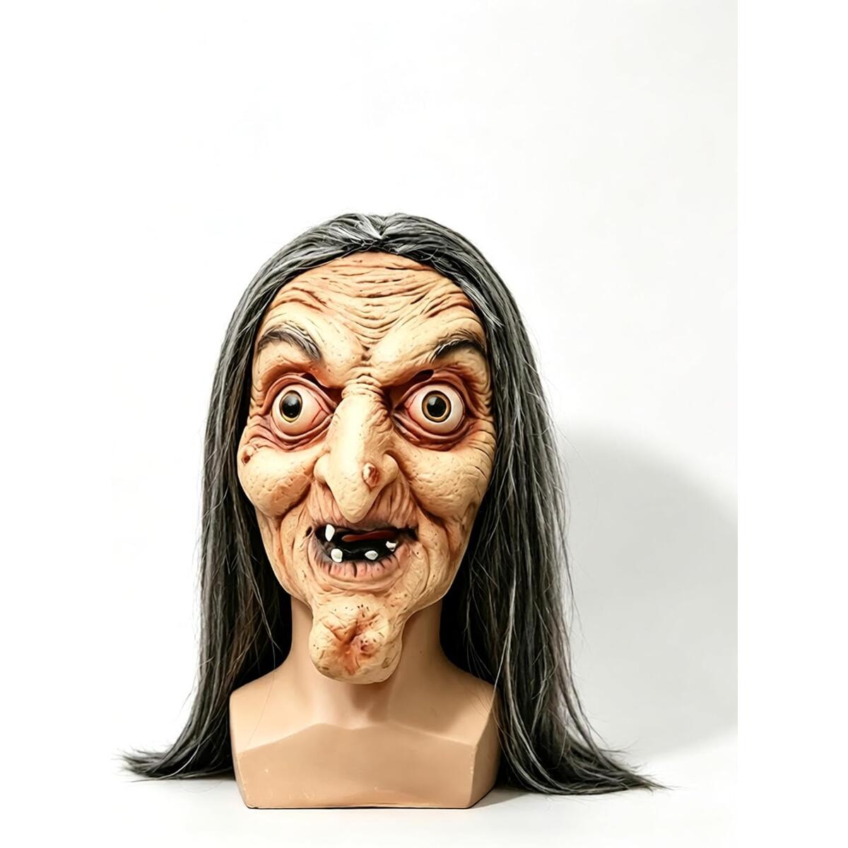 Scary Old Witch Full Head Latex Mask with Long Grey Hair