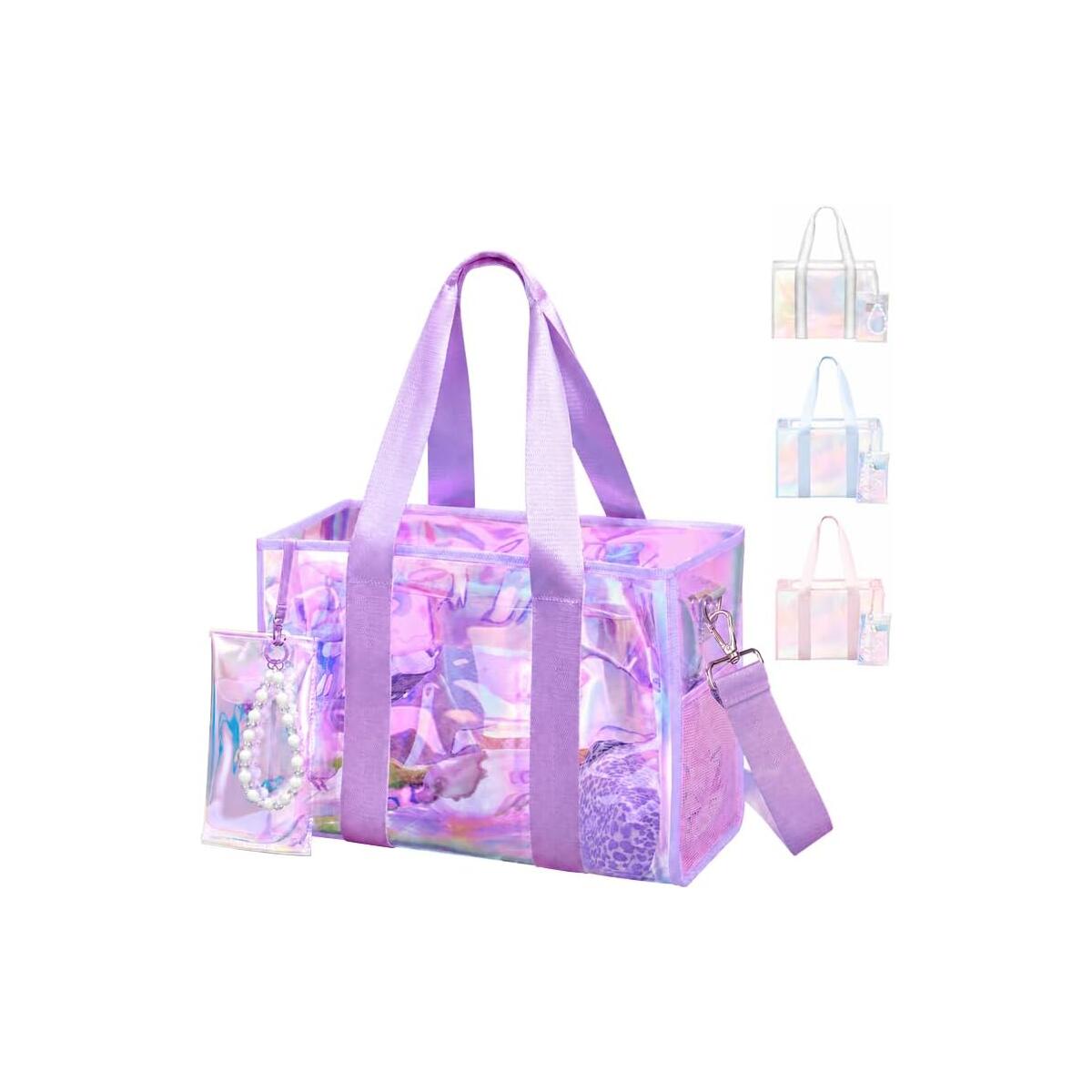 Beach Bag 26L Large Iridescent Waterproof Jelly Tote Bag for Women with Zipper & Phone Pouch Sand/Tip-Proof Crossbody