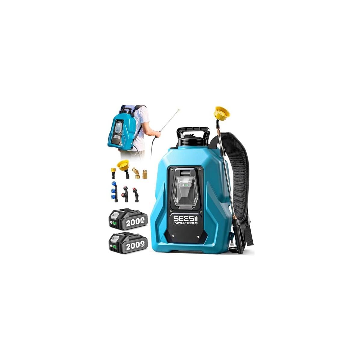 SEESII Backpack Sprayer Battery Powered, Leak-Proof 5-Gallon, Dual Battery Electric Sprayer with Telescopic Brass Wand & 7 Nozzles, 100 PSI Adjustable Pressure for Weed Lawn Garden Pest Control