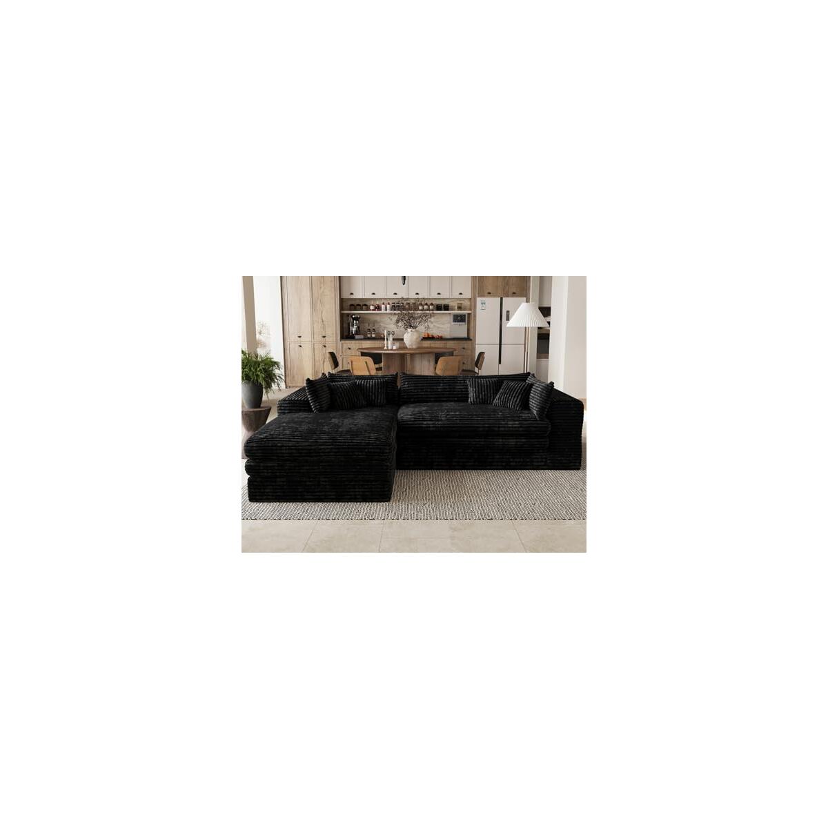 120” Boneless Cloud Couch with L Shaped Chaise Upholstered Modular Sectional Cloud Sofa with Deep Seat Plush Corduroy Boneless Couches for Living Room No Assembly Required.Black Couch.