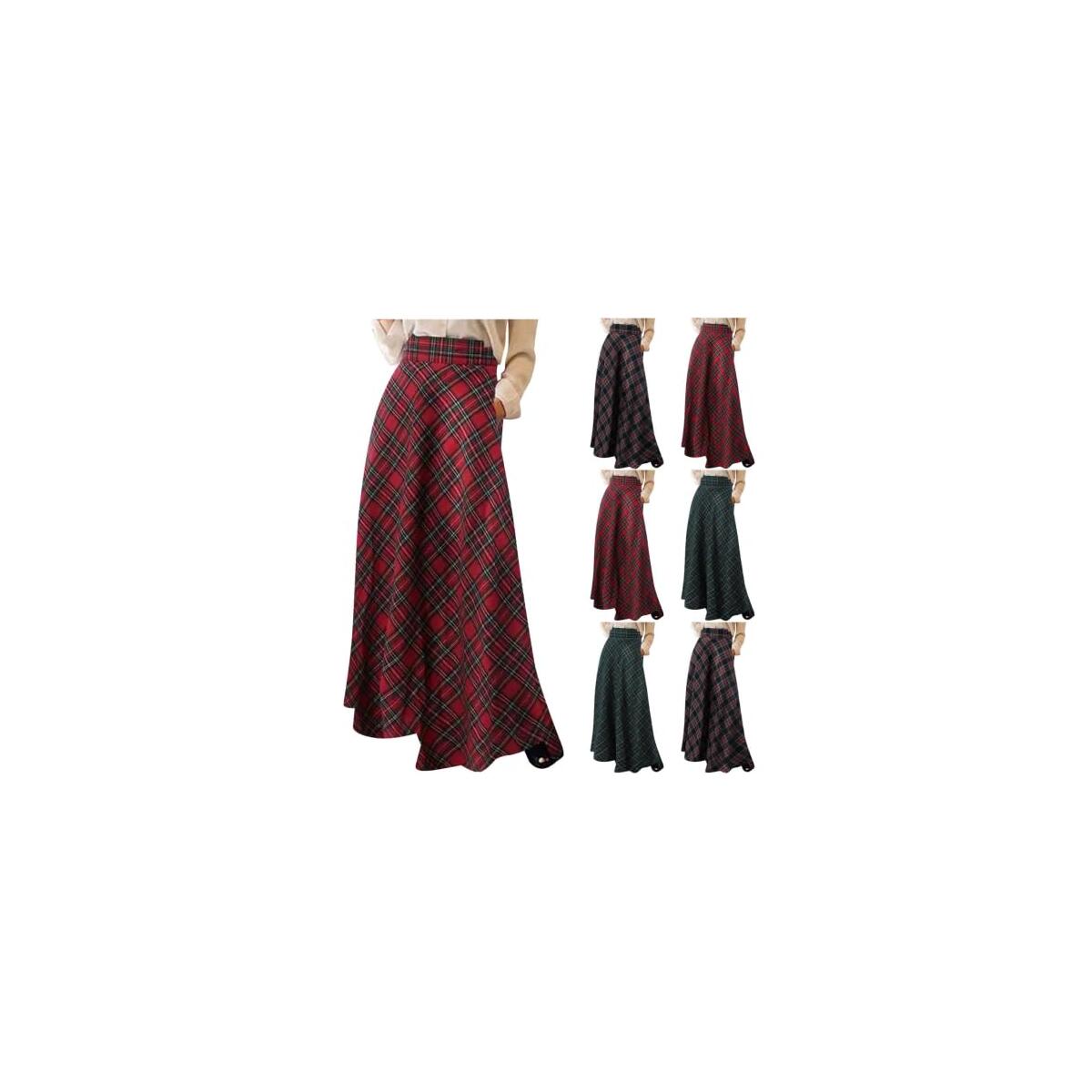 Plaid Skirts for Women High Waisted Fall Maxi Skirts A-Line Pleated Tartan Skirt Dress Trendy Full Length Long Skirt