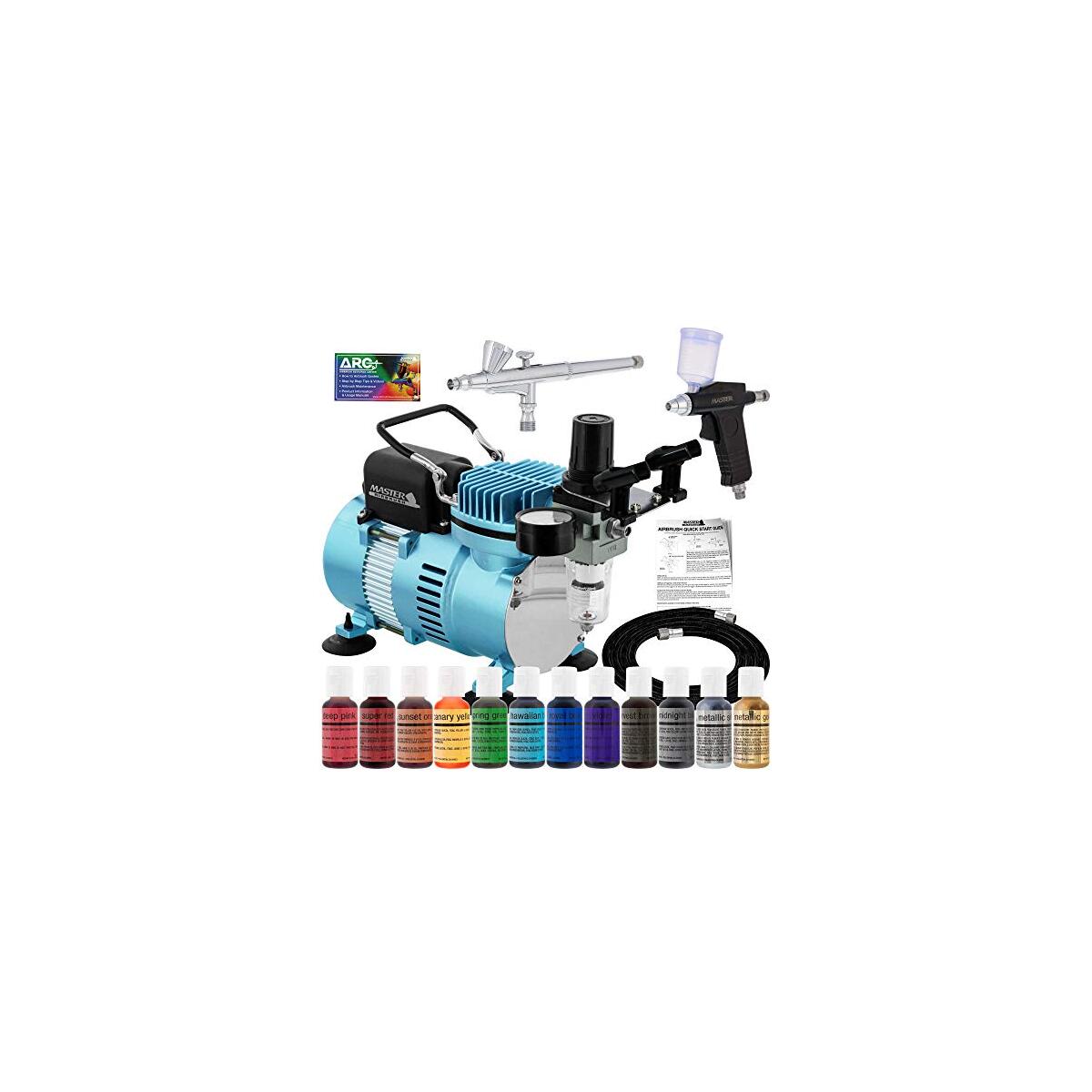 Master Airbrush Cake Airbrush Decorating Kit with Compressor, 2 Gravity Airbrushes, and 12 Chefmaster Food Colors - Air Brush for Cake Decoration & Cookie Airbrush Kit