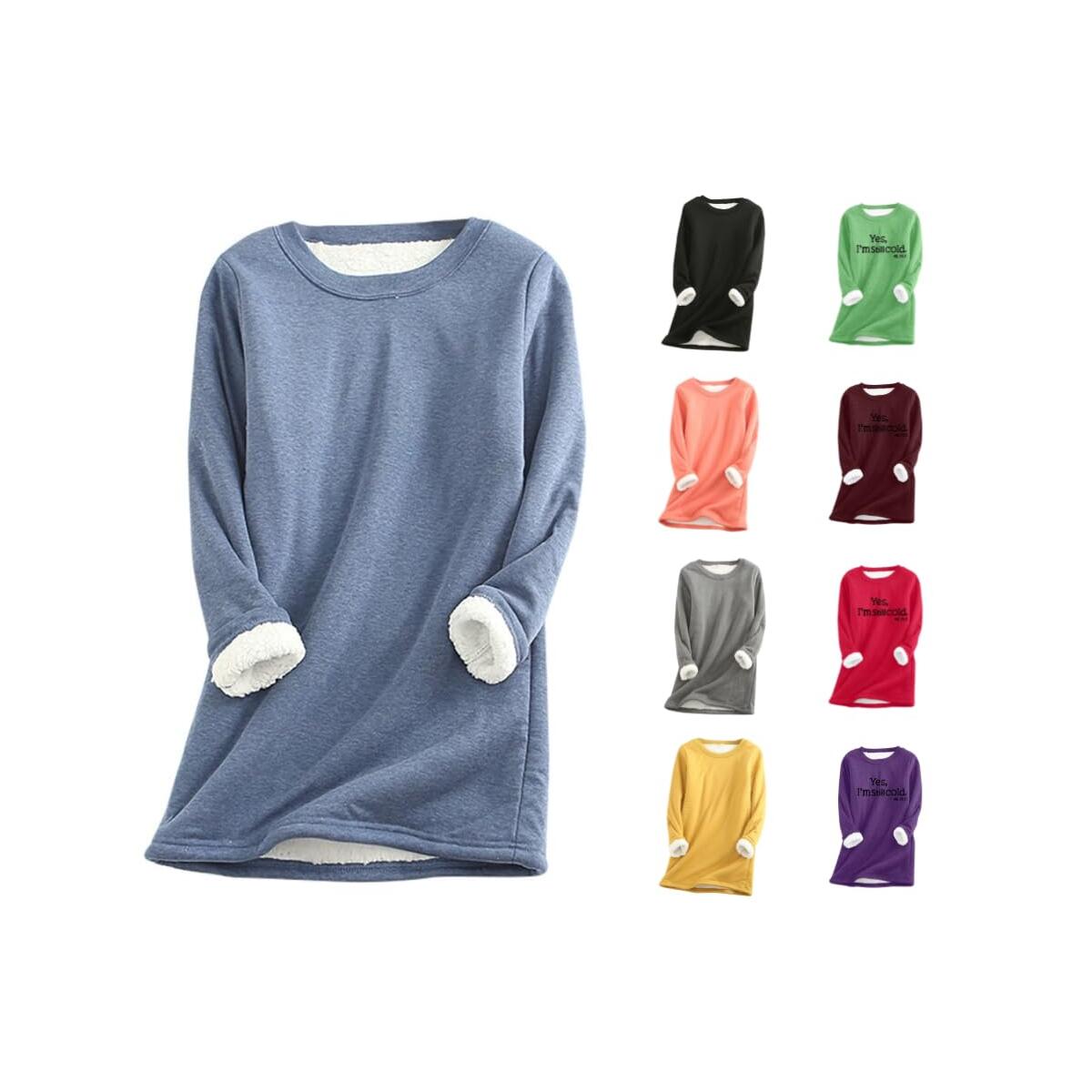 Womens Sherpa Lined Sweatshirts Casual Crewneck Fleece Pullover Long Sleeve Thermal Sweater Winter Clothes 2024