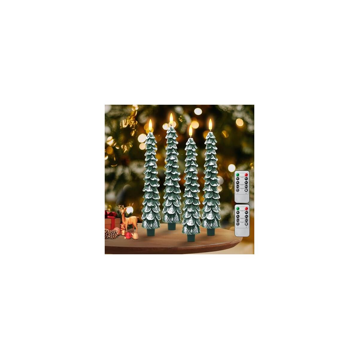 Flameless Candles with Remote – 4 Pack Christmas Tree Candles, Battery Operated Snowy Tree Design, 3D Flickering Flame, Safe Holiday Home Decor for Christmas Decorations & Gifts