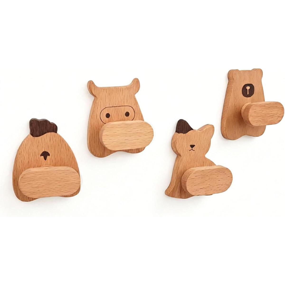 4-Pack Nordic Beech Wood Animal-Shaped Wall Hooks