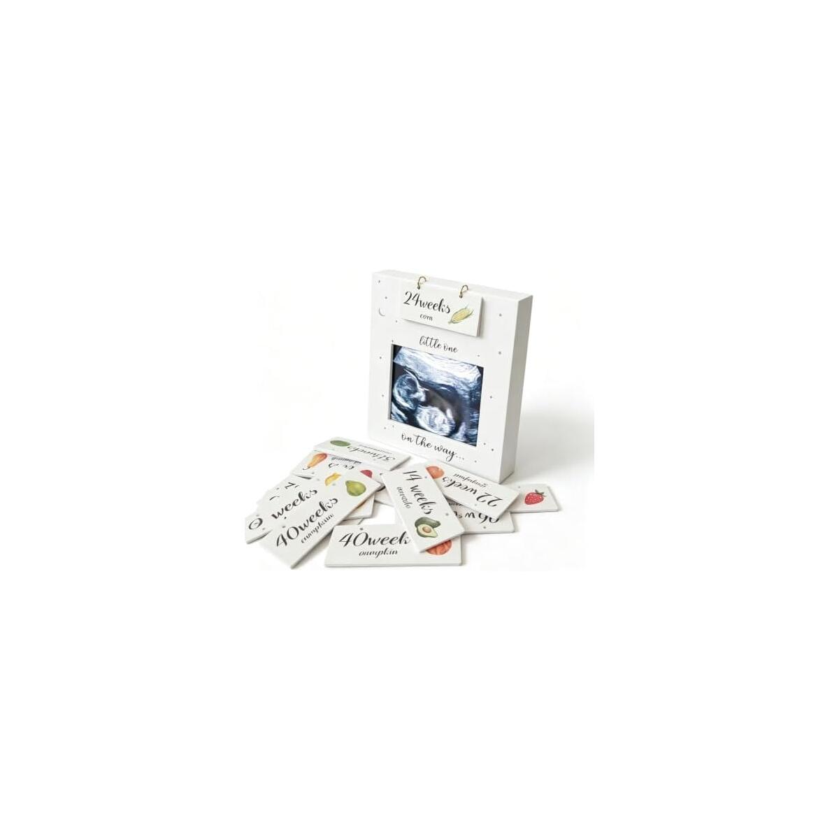 Pregnancy Milestone Sonogram Frame with Weekly Milestone Cards | 34 Milestone Card Sides, 8 to 40 Weeks Coverage, Fruit Size Comparison, Gender-Neutral Design, 6x8in Universal Frame