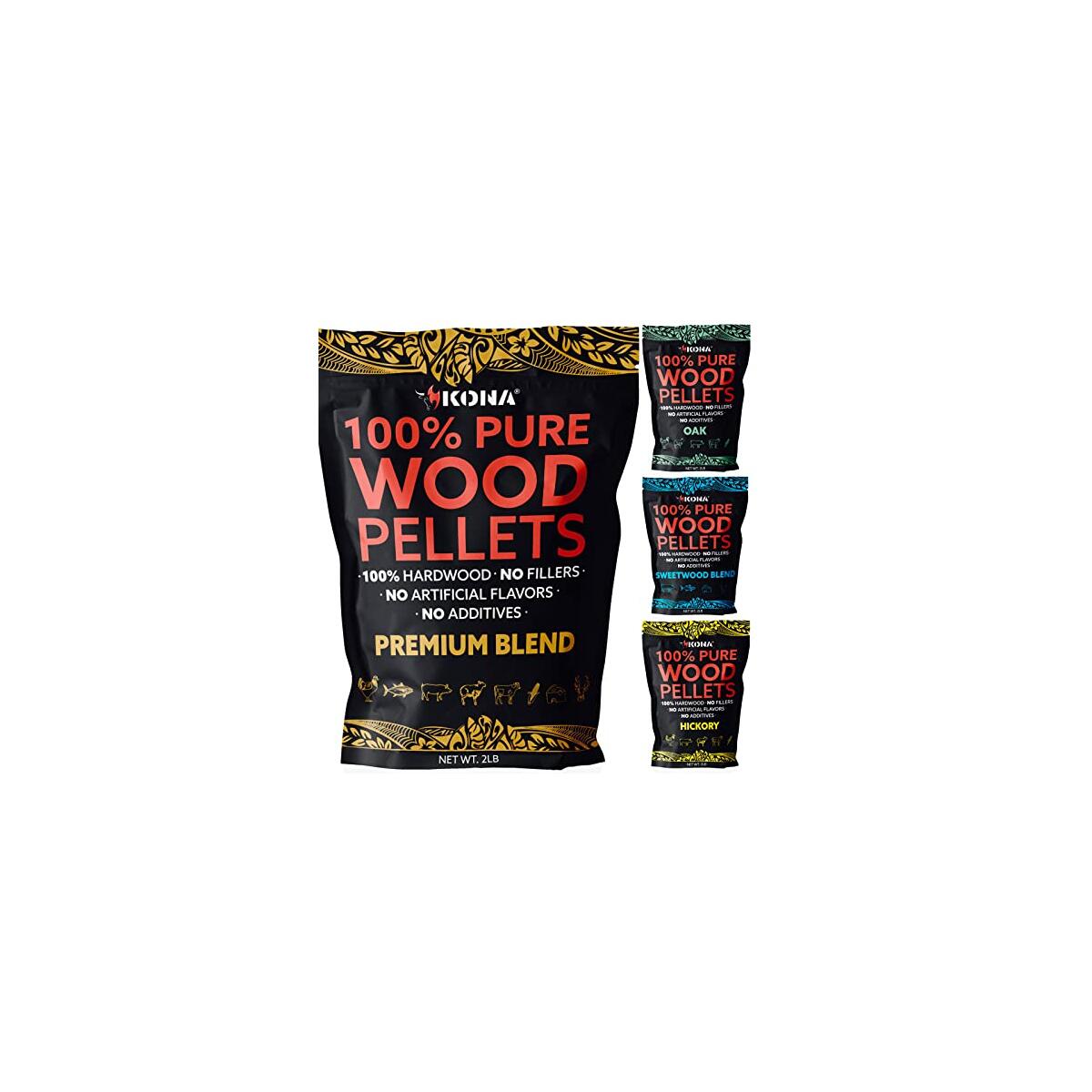 Kona Best Wood Smoking Pellets - Grilling Smoker Tube Pellets Variety Pack - 100% Hickory, Kona Premium Blend, 100% Oak, Kona Signature Sweetwood Blend - 2 Pound Bags