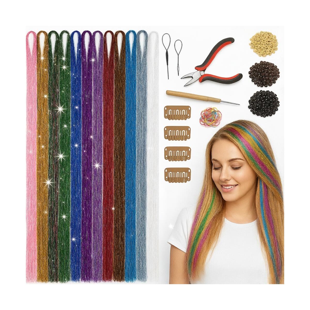 Herbiar Hair Tinsel Kit 12 Colors 47inch 2400 Strands Silver Extensions Women Girls Heat Resistant