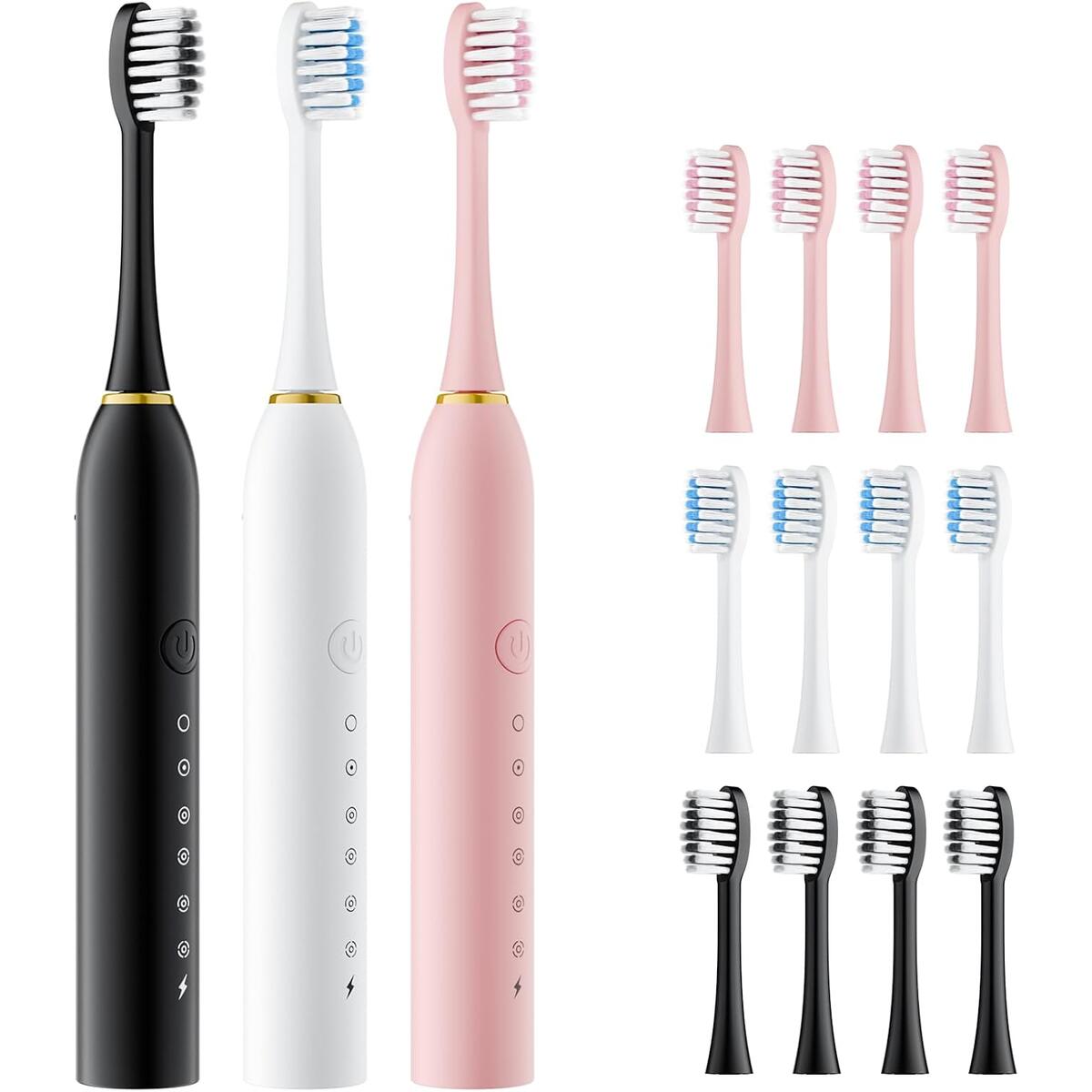 Dnil Electric Sonic Toothbrush 3-Pack &ndash; 42,000 VPM Deep-Cleaning Action, 6 Adjustable Modes, Auto Timer, Plus 12 Extra Brush Heads for Superior Gum Protection【Black+White+Pink】