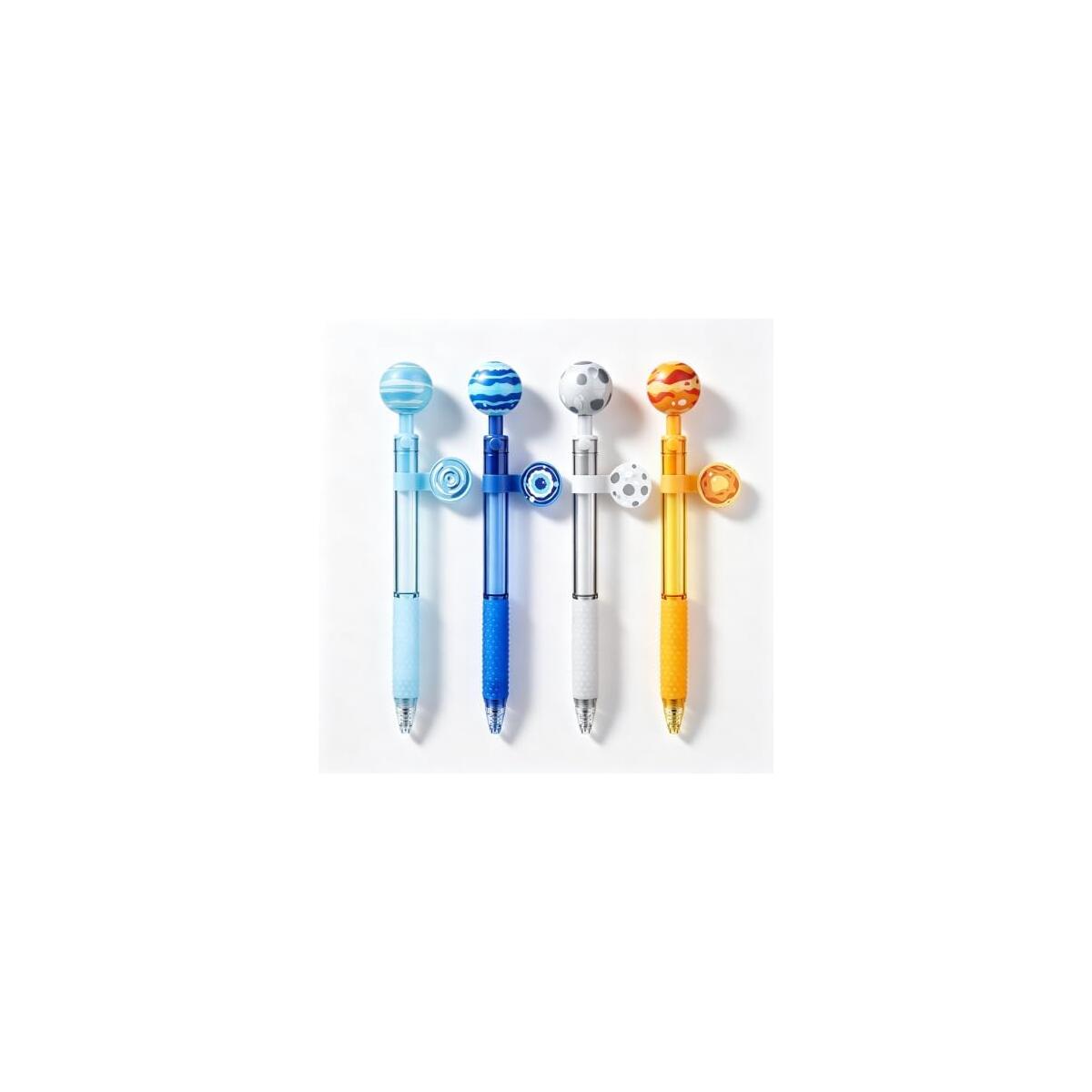 Fidget Spinning Planet Ballpoint Pen Set of 4, 0.5mm | Stress Relief Fidget Toy, Quick-Dry Smudge-Proof Ink, Non-Slip Silicone Grip, 3D Planet Topper, For Students & Office
