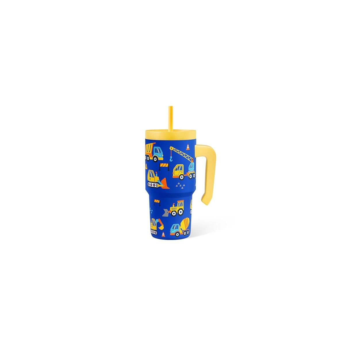 Construction Tumbler 20oz with Handle and Silicone Straw Lid for Kid, Insulated Stainless Steel Cup, Gift for Kids Boys, Gifts Idea for Birthday Christmas Back to School
