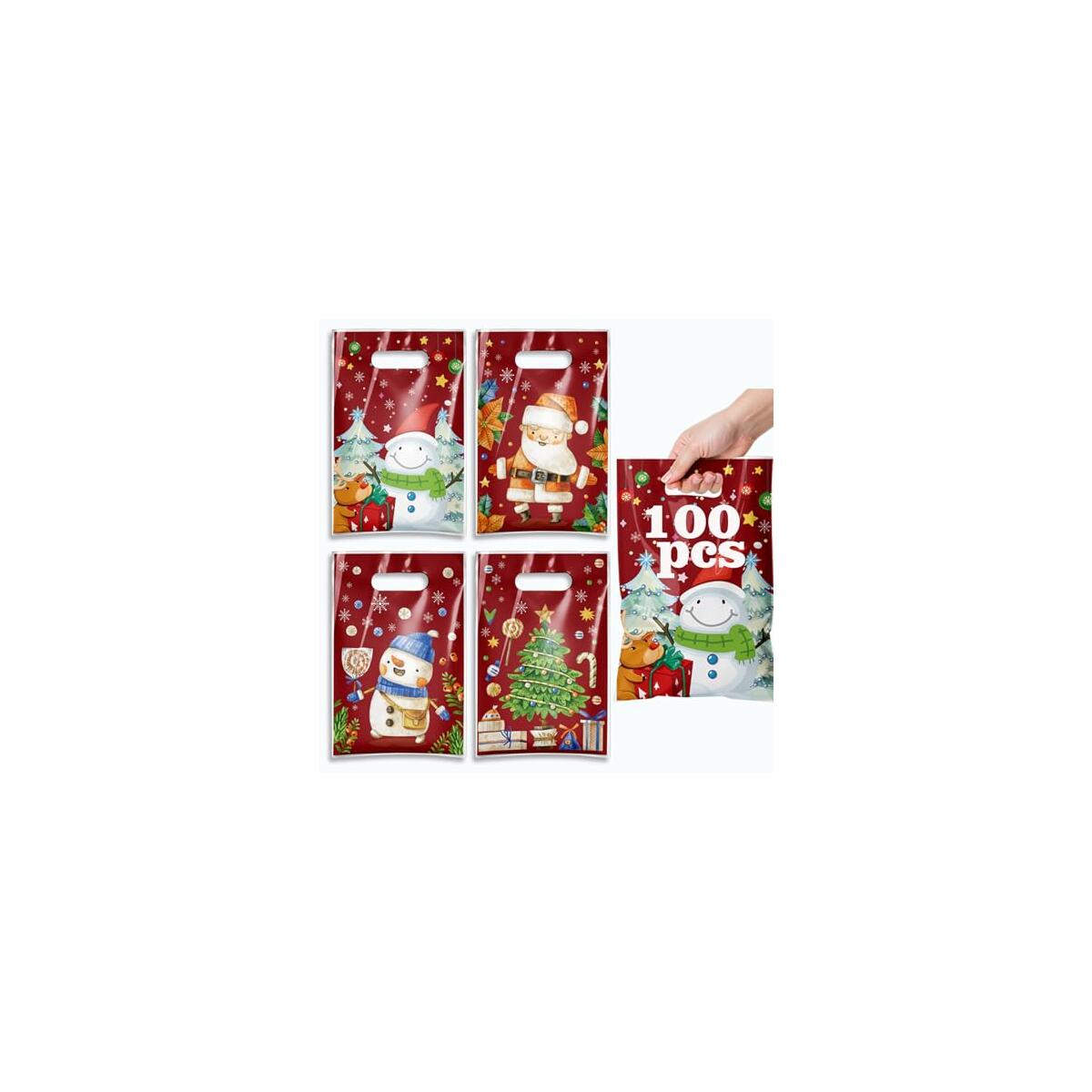 TESKEUP Christmas Gift Bags with Handles - 100 Pcs Christmas Treat Goodie Bags, Plastic Small Xmas Favor Bags Bulk for Candy Cookies Snacks Xmas Holiday Party Favors Supplies