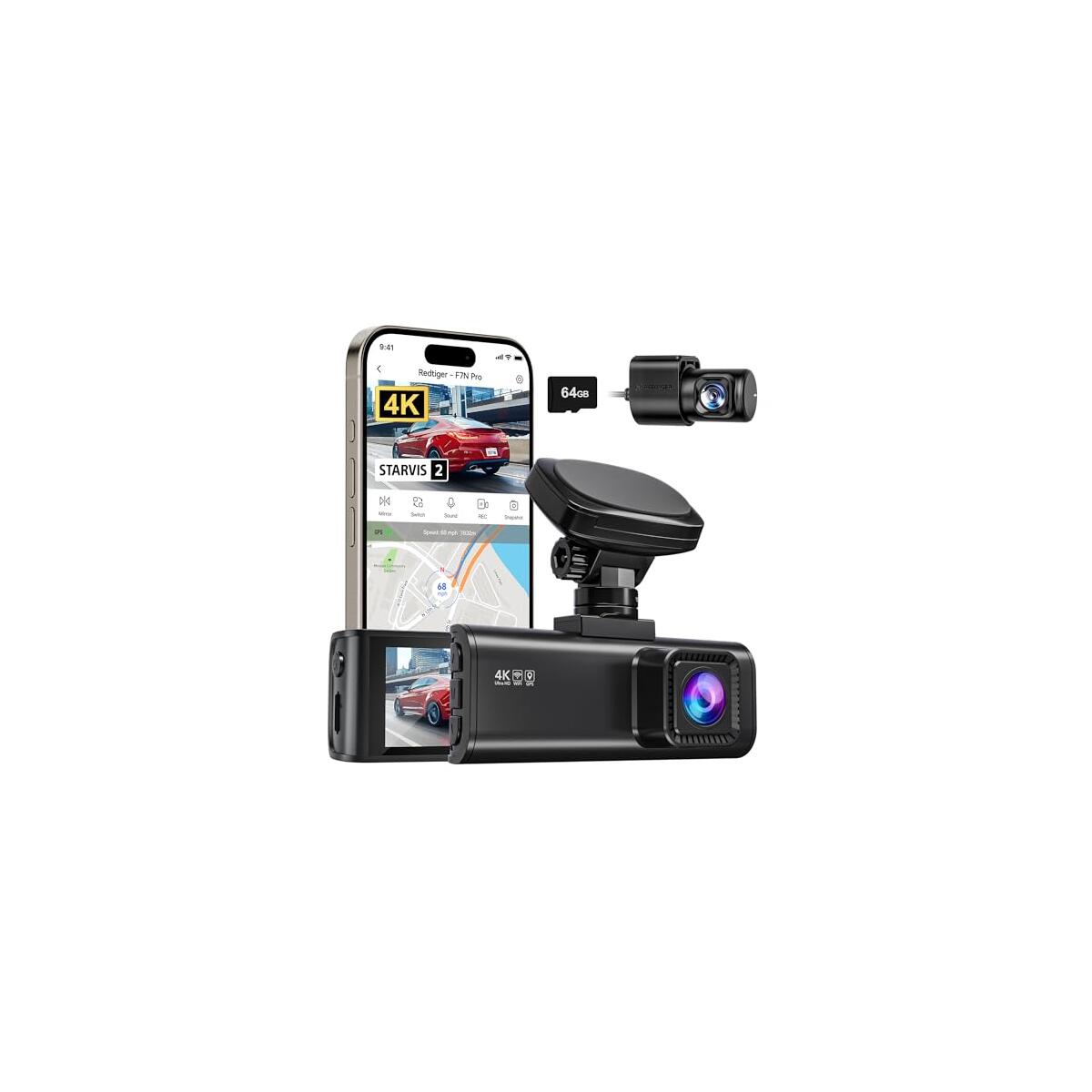 REDTIGER 4K Dash Cam Front and Rear, STARVIS 2 Sensor, 64GB Card Included, 4K/2.5K+1080P Dual Dash Camera for Cars Built-in WiFi GPS, 3.18 Inch IPS Screen, 170&deg; Wide Angle, Parking Monitor (F7N Pro)