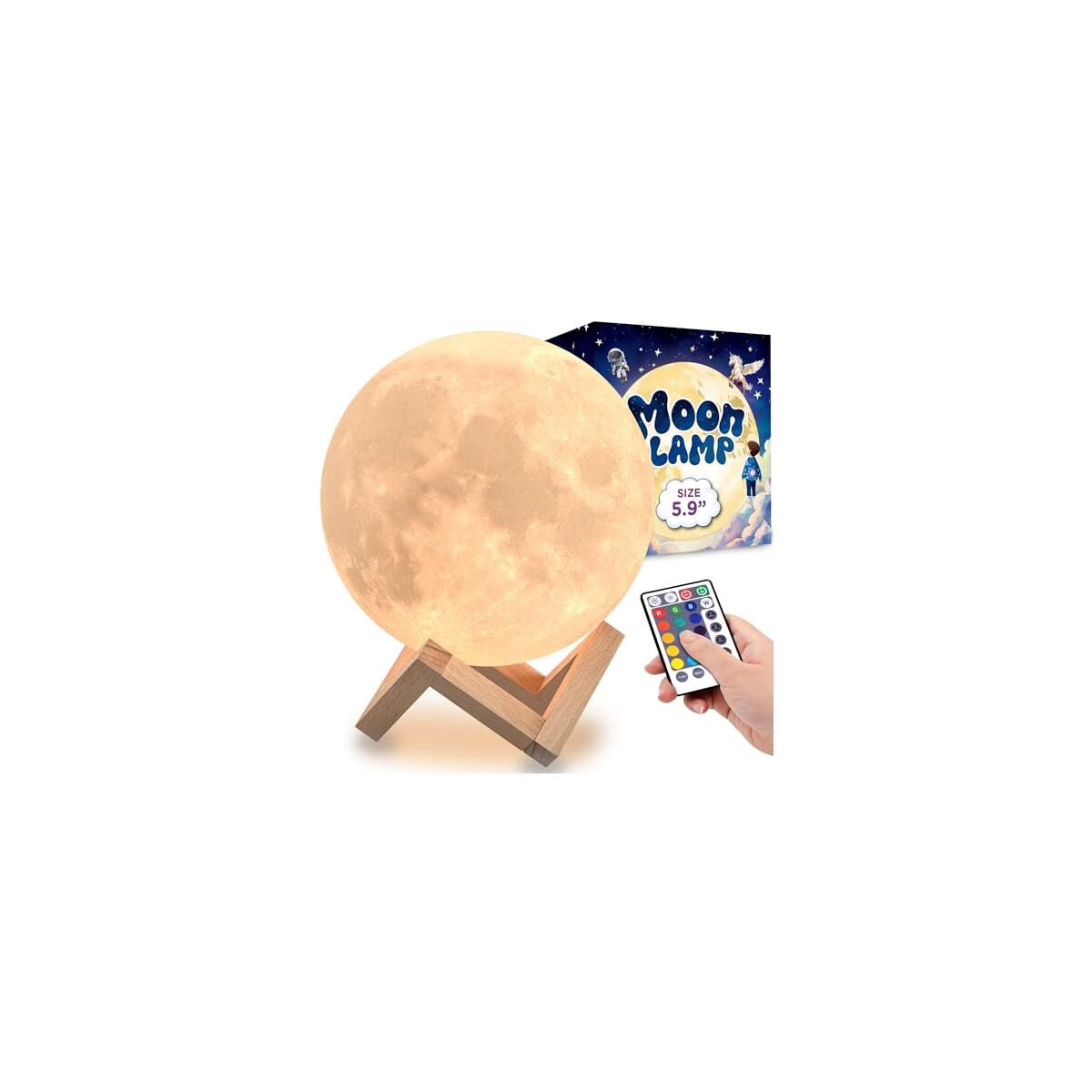 Mind-glowing 3D Moon Lamp - 16 LED Colors, Dimmable, Rechargeable Night Light (Large, 5.9in) with Wooden Stand, Remote & Touch Control - Nursery Decor for your Baby, Birthday Gift Idea for Women