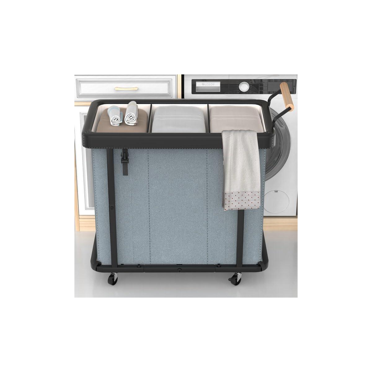 60 Gal (230L) Laundry Hamper 3 Section with Lid, Leather Patchwork Laundry Sorter with Rolling Lockable Wheels and Handle, Laundry Basket Organizer for Laundry Room, Bedroom and Bathroom - Gray