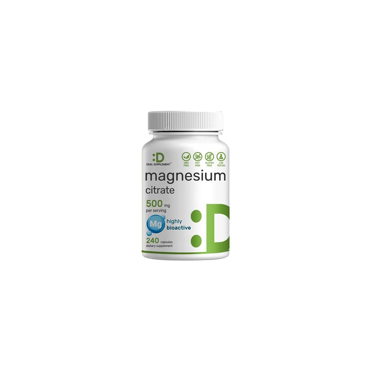 DEAL SUPPLEMENT Magnesium Citrate 500mg, 240 Capsules | Easily Absorbed, Purified Trace Mineral &ndash; Muscle, Heart, & Digestive Support &ndash; One a Day, Non-GMO