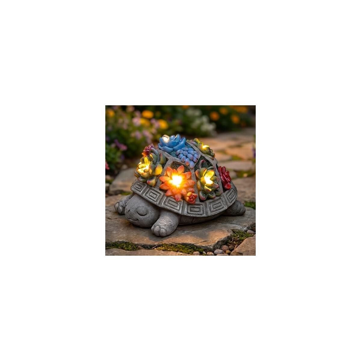 Solar Turtle Garden Outdoor Decor with Succulent & 7 LED Lights &ndash; Outside Tortoise Statue Decor for Yard Patio Balcony & Backyard - Home House Decoration Art- Gift for Women Mom & Grandma