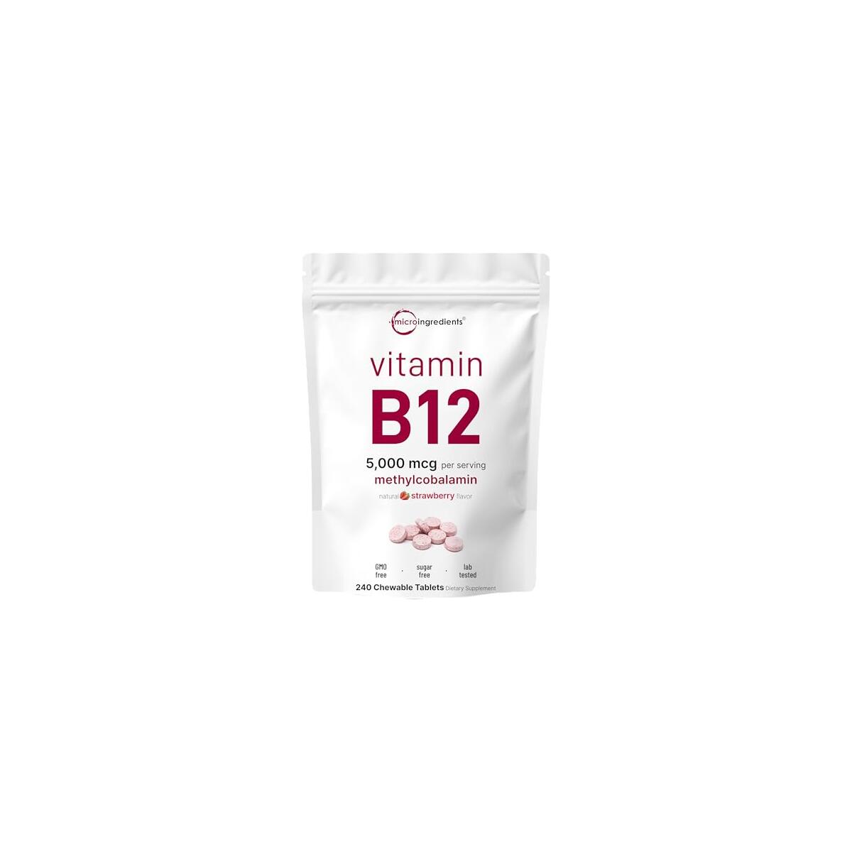 Micro Ingredients Vitamin B12 5,000 mcg | Methylcobalamin &ndash; 240 Chewable Tablets | Fast Dissolve, Natural Strawberry Flavor | Supports Energy & Metabolism Health | Vegan, Non-GMO, Gluten Free