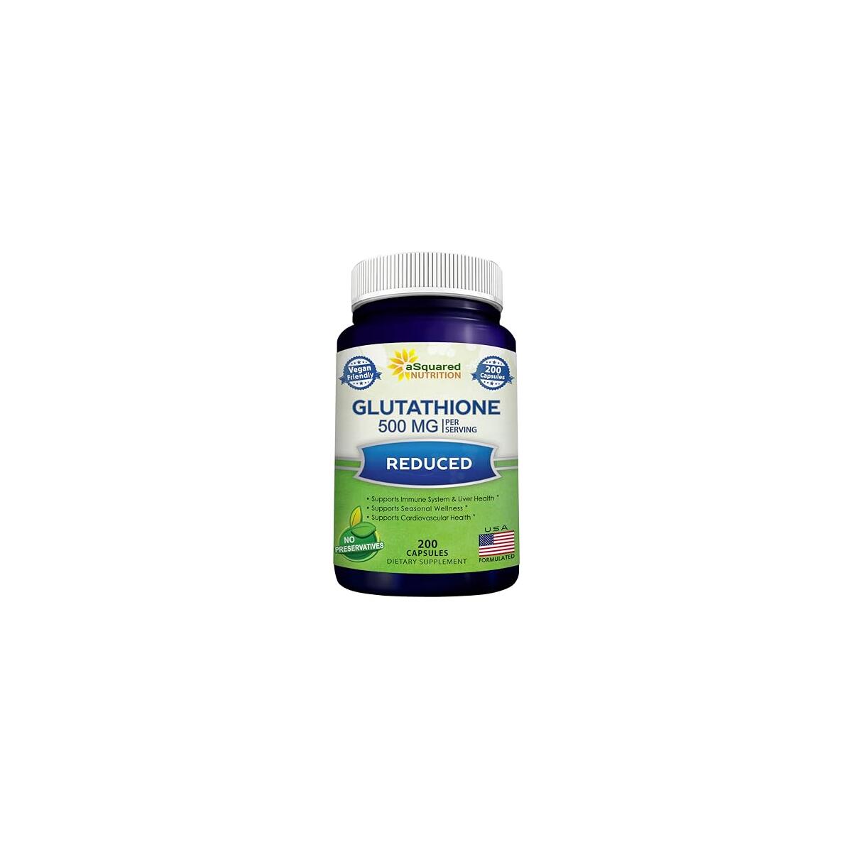 aSquared Nutrition Reduced Glutathione 500mg Per Serving Supplement -200 Capsules -L-Glutathione Antioxidant to Support Liver Health & Detox - Max Strength Powder Pills to Help Immune & Brain Function