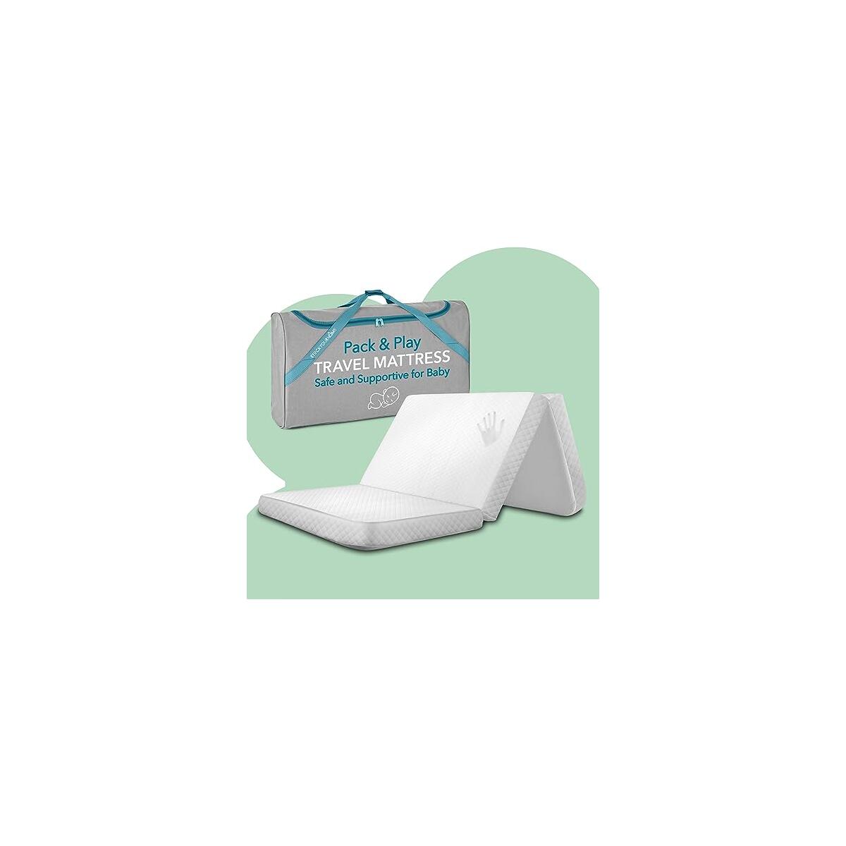 Foldable Travel Pack n Play Mattress Pad with Bag, Waterproof Portable Mini Crib Mattresses, Baby Bed Playpen Memory Foam Topper, Playard Pen Accessories, Traveling Case Included