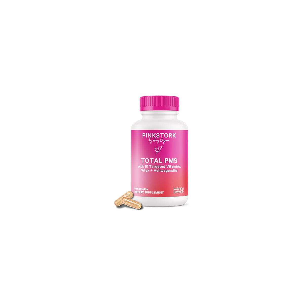 Pink Stork PMS Supplement for Women - Vitex, Ashwagandha, Maca Root & 10 Vitamins & Minerals to Support Hormone Balance, Mood, Bloating, Period Regularity - 60 Capsules