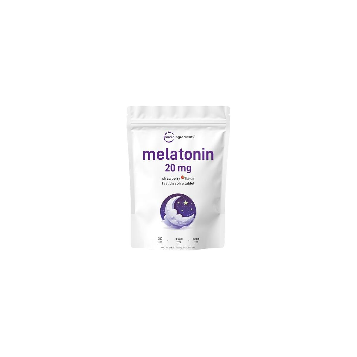 Micro Ingredients Melatonin 20mg, 400 Tablets | Natural Strawberry Flavor | Fast Dissolve | No Drug | Vegetarian Friendly | Non-GMO, No Gluten, Sugar Free