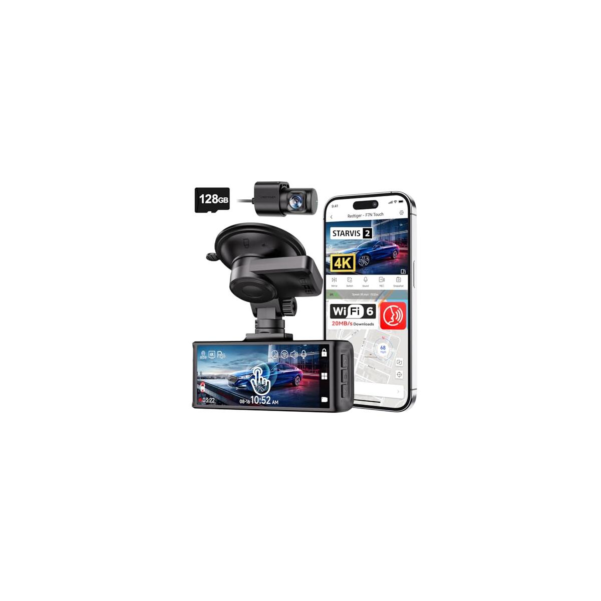 REDTIGER 4K STARVIS 2 Dash Cam Front and Rear, 5GHz WiFi 20MB/s Download, 128GB Card Included, Voice Control, Dash Camera for Cars with 3.18
