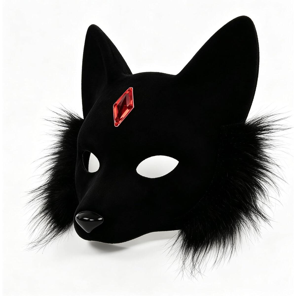 Black Plush Fox Half Face Mask with Red Gem, 18x17cm