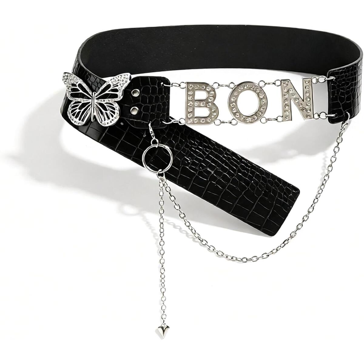 Women's Wide Faux Leather Waist Belt with Rhinestone Butterfly