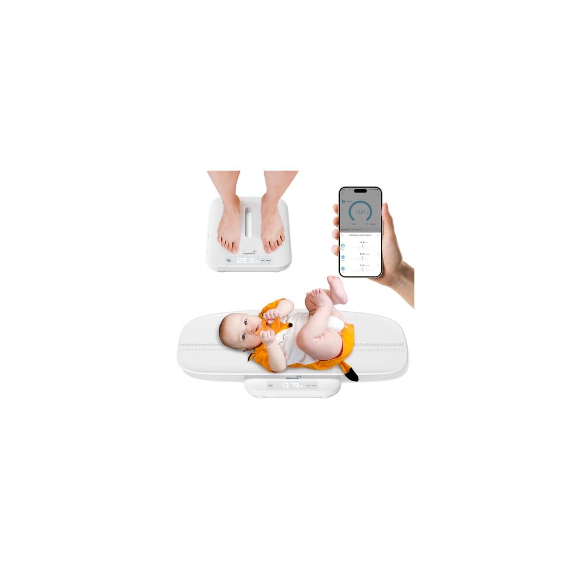 GROWNSY Smart Baby/Pet Scale,Digital Baby Weight Scale with App for Tracking Growth of Infant, Toddler,Puppy,and Cat—Supports Up to 330 lbs, with Hold Function, 27-inch Height Measurement,5 Units
