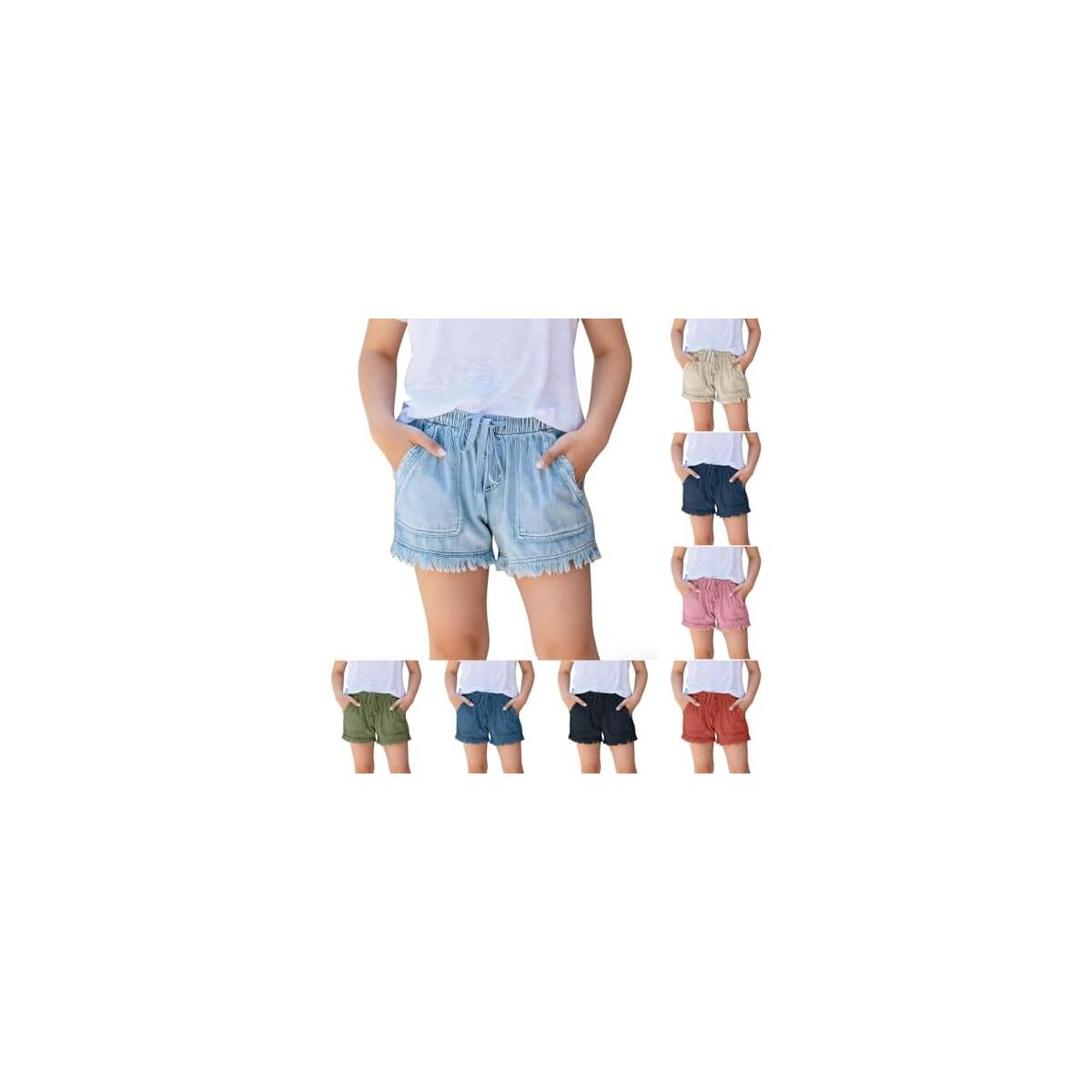 Girls Jean Shorts Drawstring Elastic Waist Denim Shorts Casual Cotton Short Jeans Summer Short Pants with Pockets