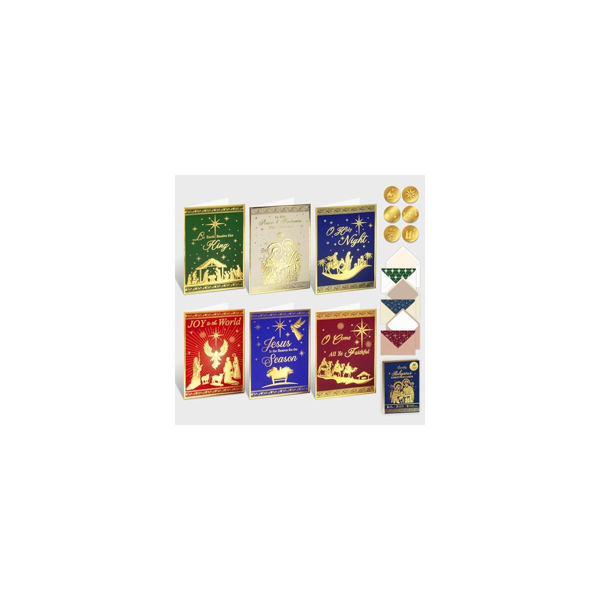 Decorably 18 Pack Gold Foil Embossed 5x7in Religious Christmas Cards with Envelopes and Stickers, 6 Elegant Designs Christmas Cards Religious Boxed with Envelopes, with Printed Message Inside