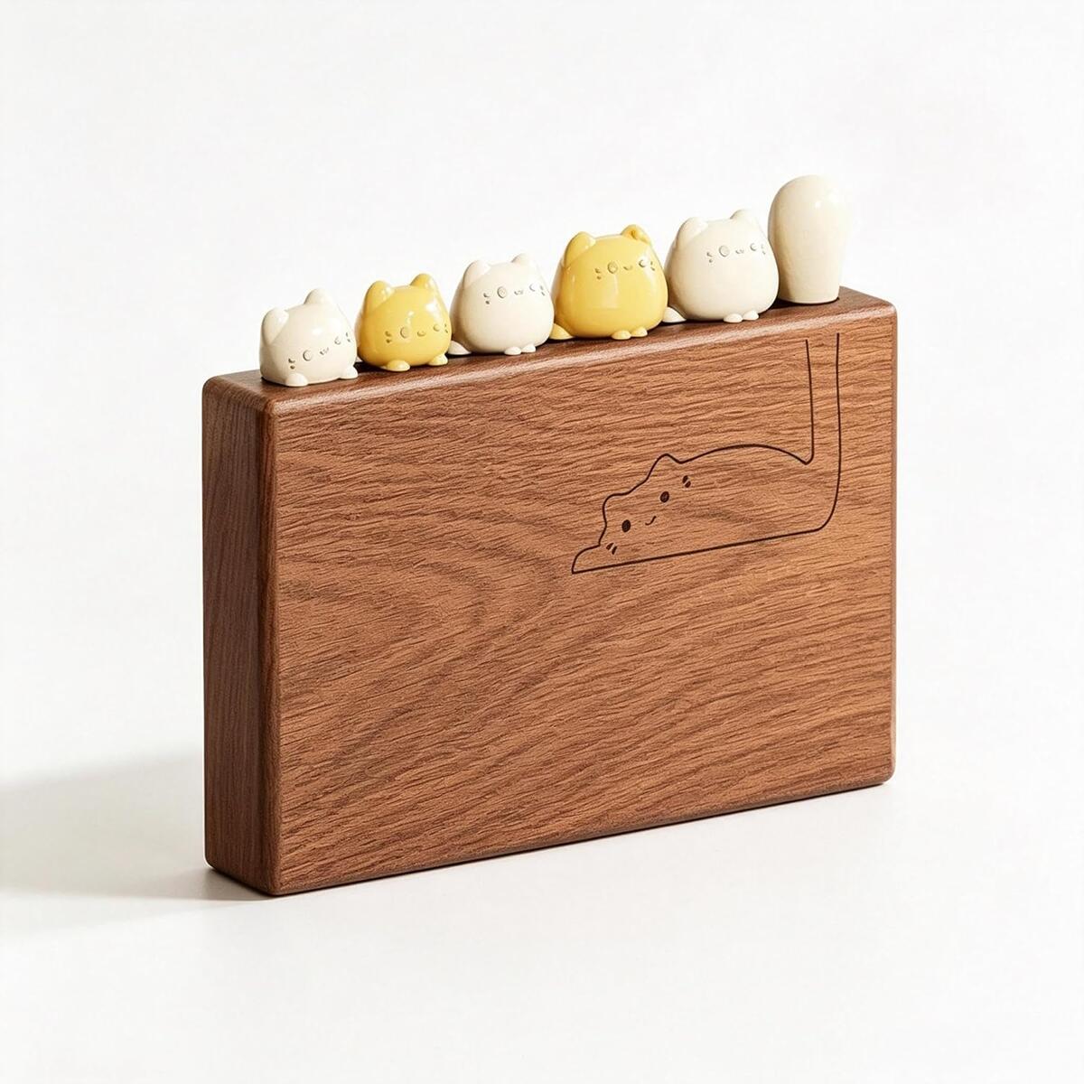 Cat-Shaped Fruit Fork Set with Solid Wood Storage Base