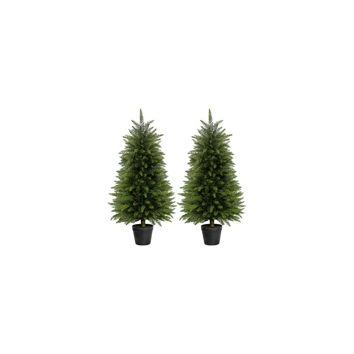 PRIME DEAL! 3FT Artificial Cedar Topiary Trees Set of 2 for Outdoor Porch | UV Resistant Faux Cypress Pine Plants with Realistic Wood-Textured Trunk for Front Door, Winter Porch Decor Fake Evergreens