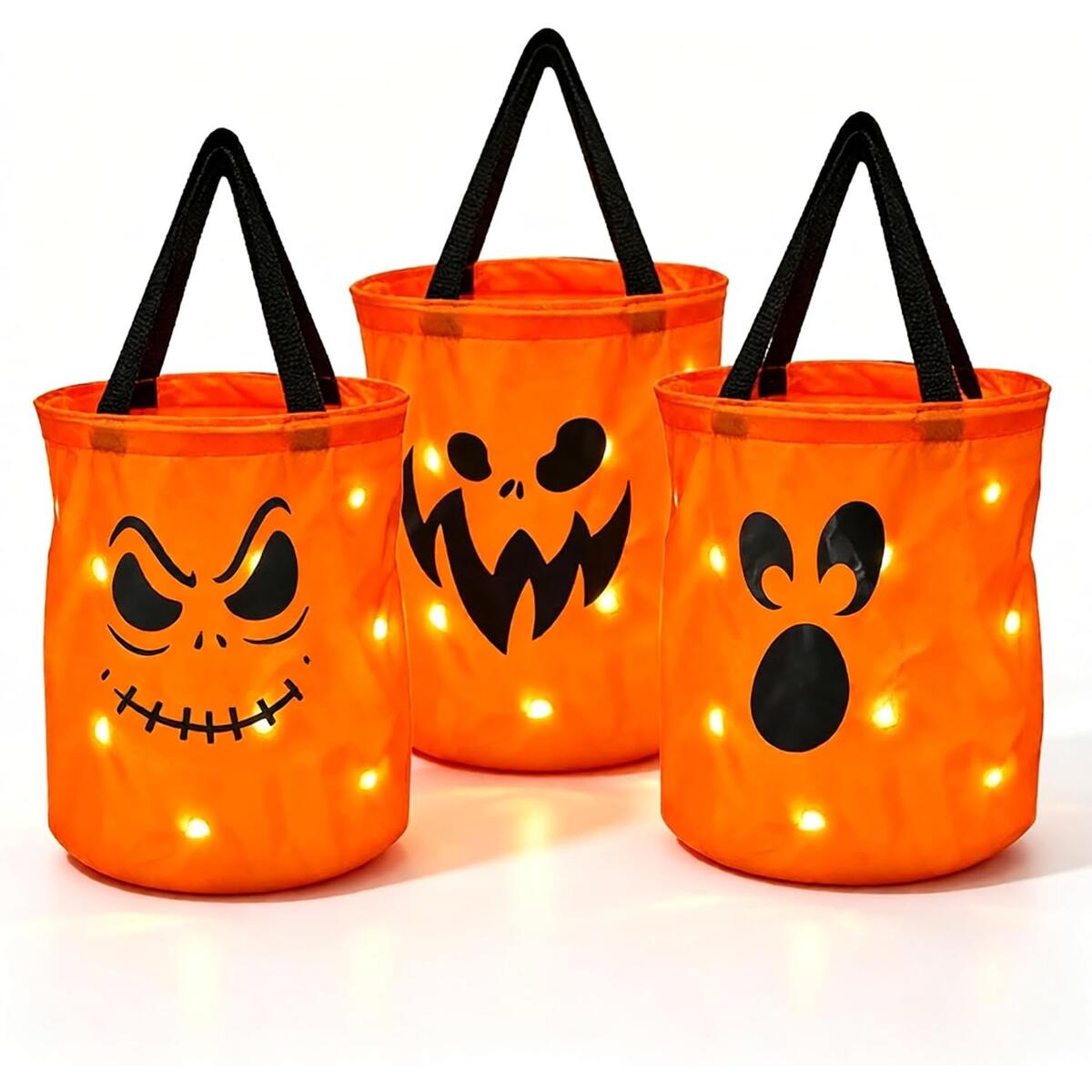 LED Light Up Pumpkin Candy Bag for Halloween, 3 pcs