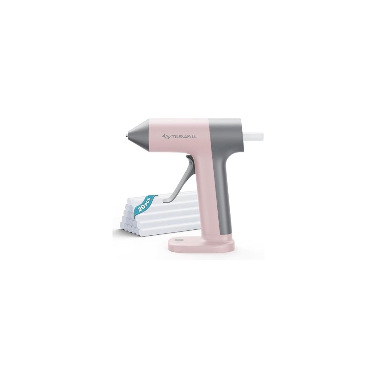 Tilswall Cordless Hot Glue Gun, 30s Fast Preheating with 2Ah Built-in Battery, Hot Melt Glue Gun with 20pcs Premius Glue Sticks, Smart Power-Off, USB-C Inputs Suitable for DIY Craft, Home Repaire Pink