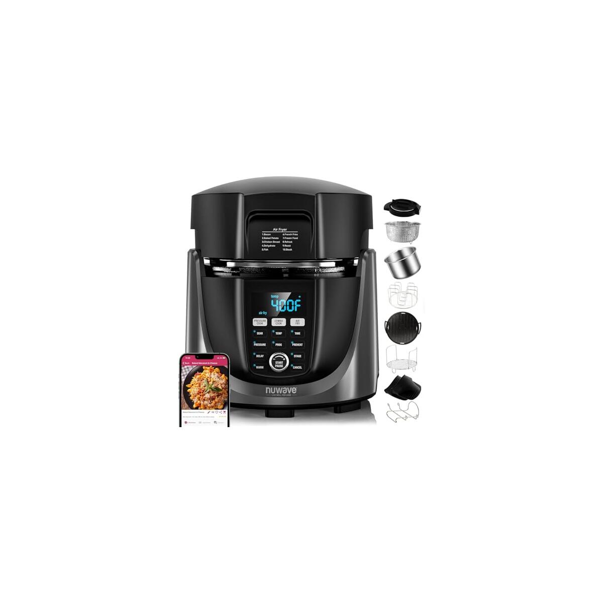 Nuwave Duet Air Fryer, Electric Pressure Cooker & Grill Combo, 540 IN 1 Multicooker with 3 Removable Lids, Slow Cook, Saut&eacute;s, Dehydrator, 18/10 SS Pot, Sure-Lock Safety Tech & 13 Deluxe Accessories