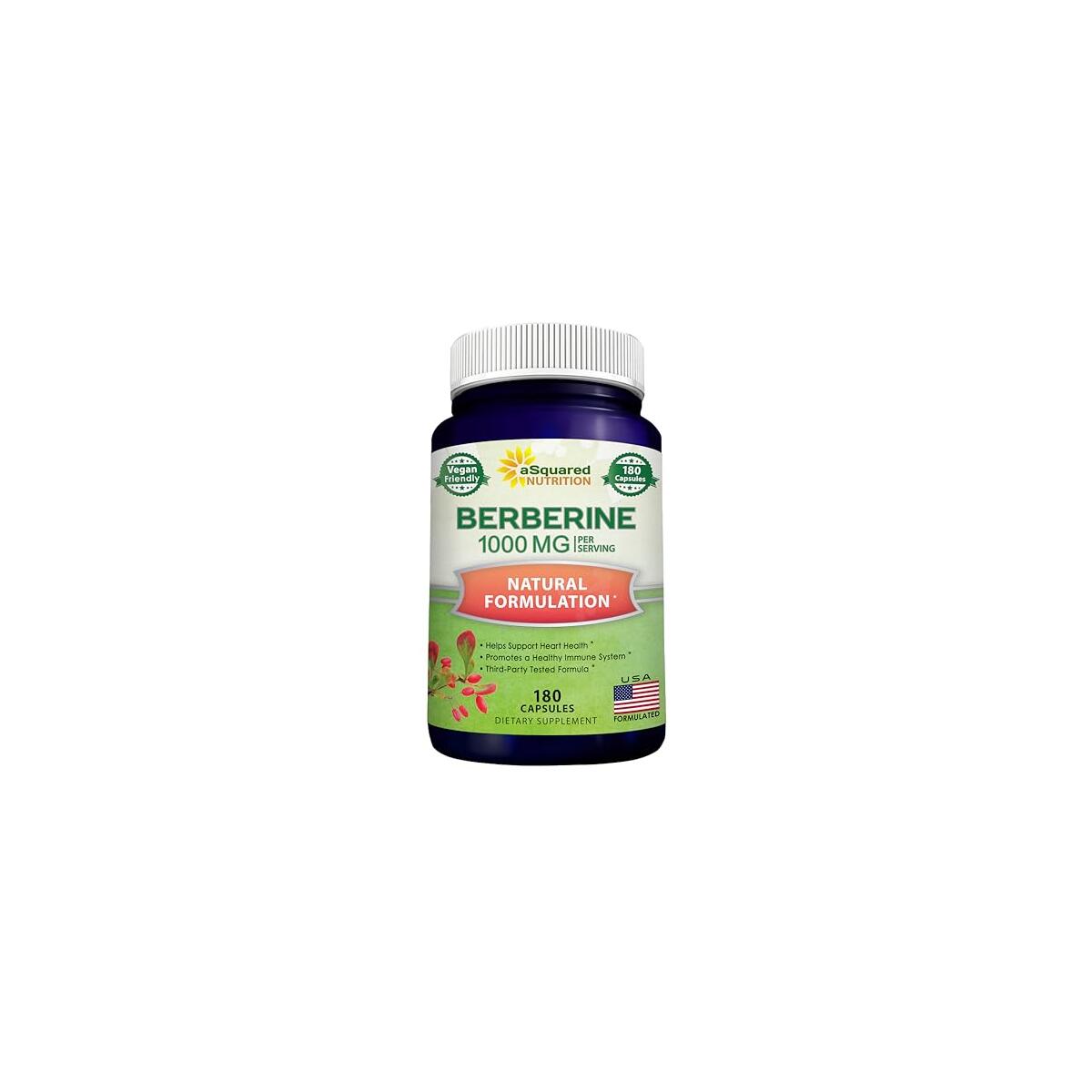 aSquared Nutrition Pure Berberine 1000mg Supplement - 180 Veggie Capsules, Natural Berberine Hydrochloride HCL Plus, Max Strength 1000 mg (2X 500mg), Potent Berberine Vegan Extract