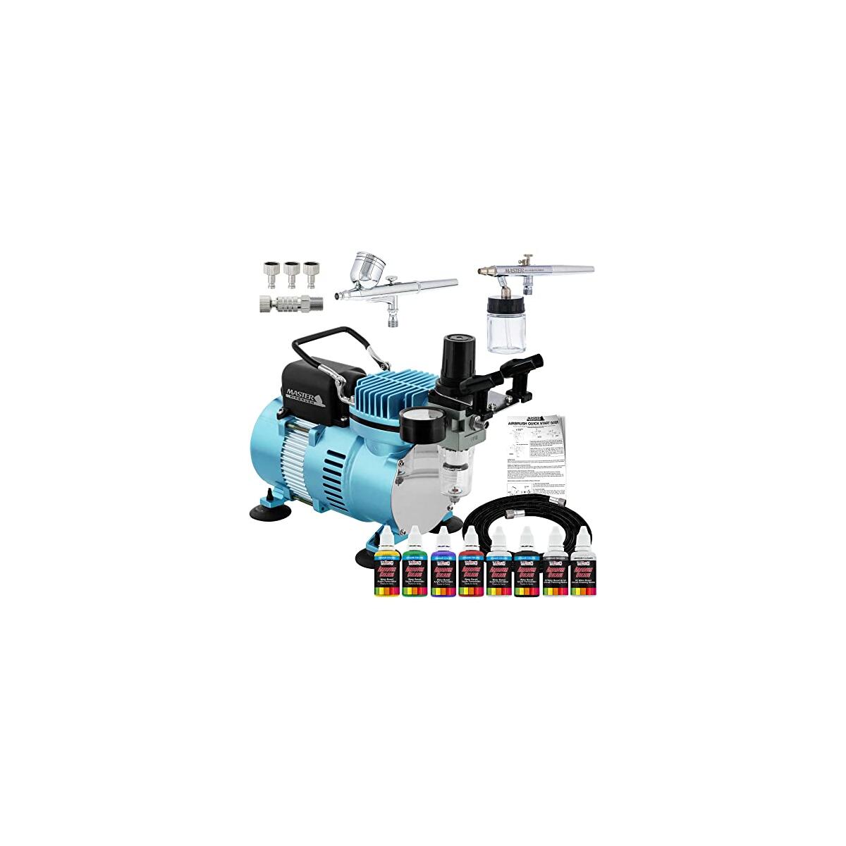 Master Airbrush Cool Runner II Air Brush Kit with Air Compressor Dual Fan, Gravity & Siphon Feed Airbrush Set, 6 Color Acrylic Paints Primary Opaque Colors, How-To Guide Manual