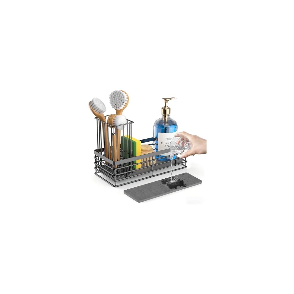 Yofidra Sponge Holder for Kitchen Sink, Sink Caddy Organizer with Stone Drying Mat, Kitchen Countertop Organizers and Storage Essentials, 304 Stainless Steel (Black, 9.29&Prime; L)